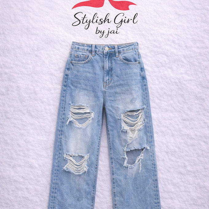 ✨ Authentic Korean High-Waist Ripped Jeans